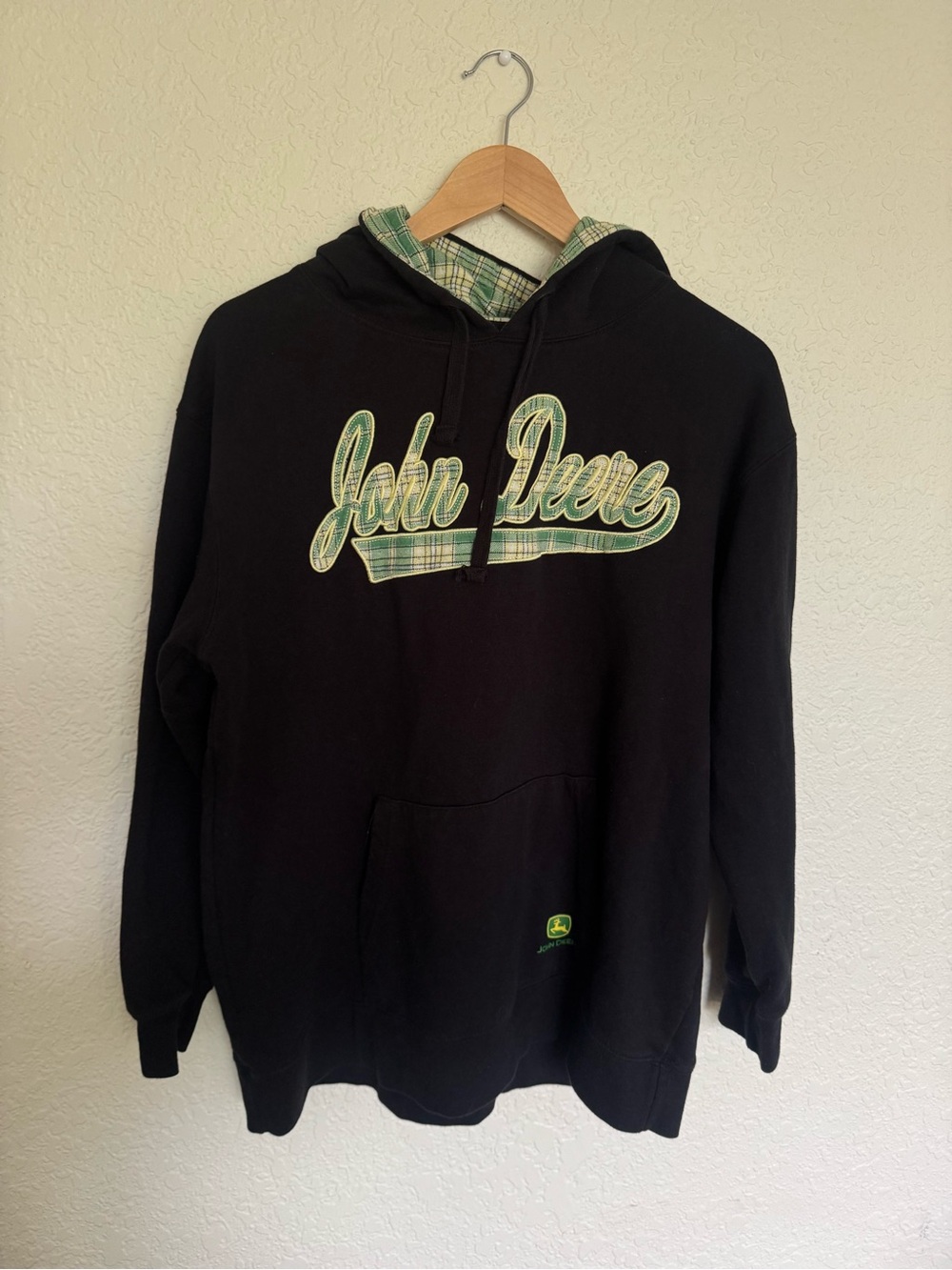 John Deere Men’s Black Hoodie with Green & Yellow Plaid Accent XL